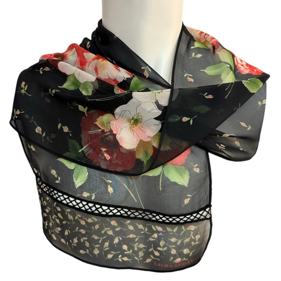 Laura Ashley 100% Silk Black Floral Chiffon Scarf 🇬🇧 – Red & White Blooms - Picture 1 of 8